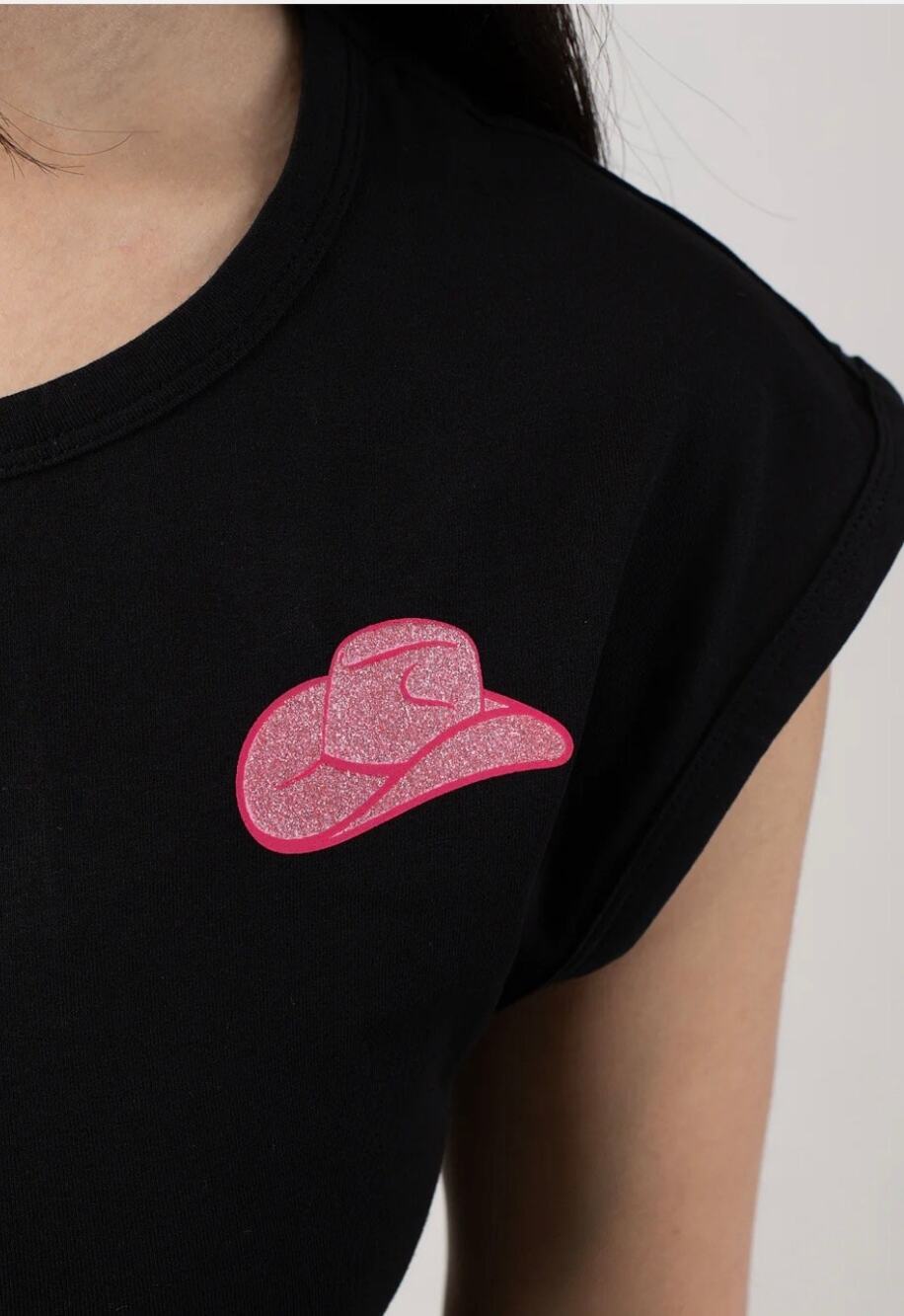 Noisy May black crop top featuring a glittery pink cowboy hat graphic